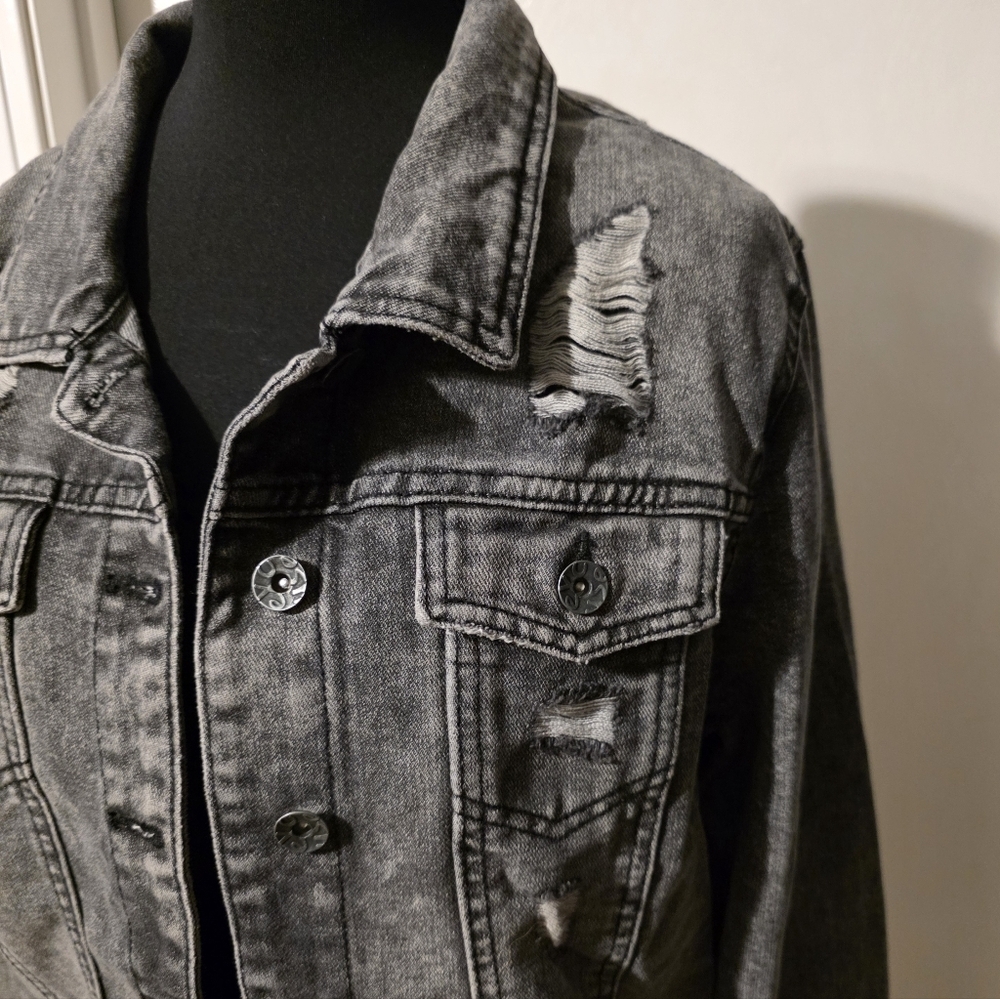 Excuse Gray Distressed Denim Jacket Size XL - Picture 2 of 7